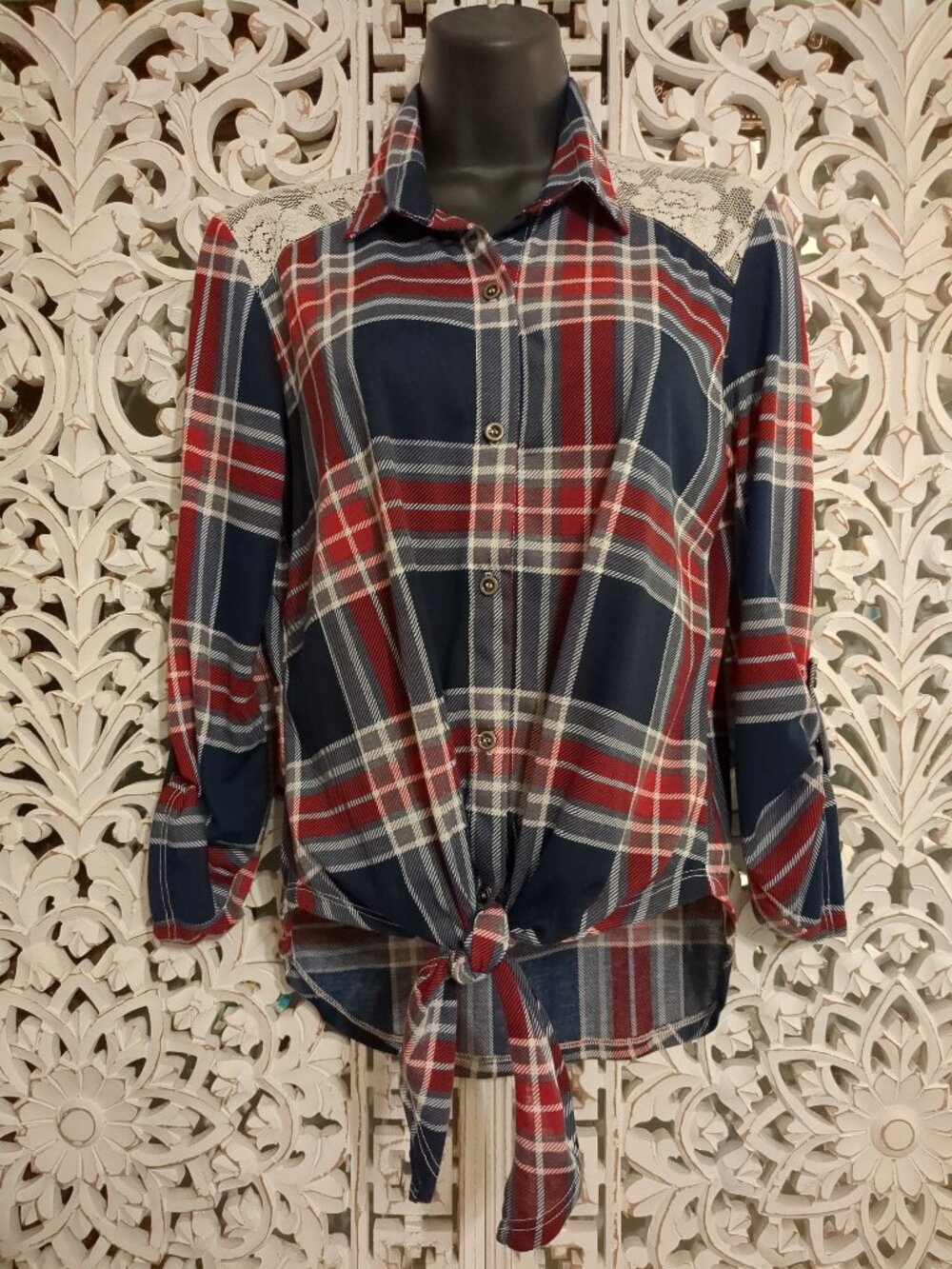 L 👢🐎⛺ Lightweight Checked Roll Up Long Sleeves Button Down Blouse Top